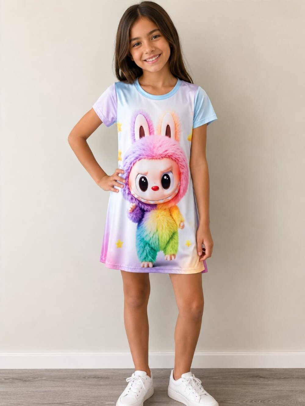 Girls Rainbow Bunny Character T-Shirt Dress | Cute Pastel Cartoon Print Short Sl